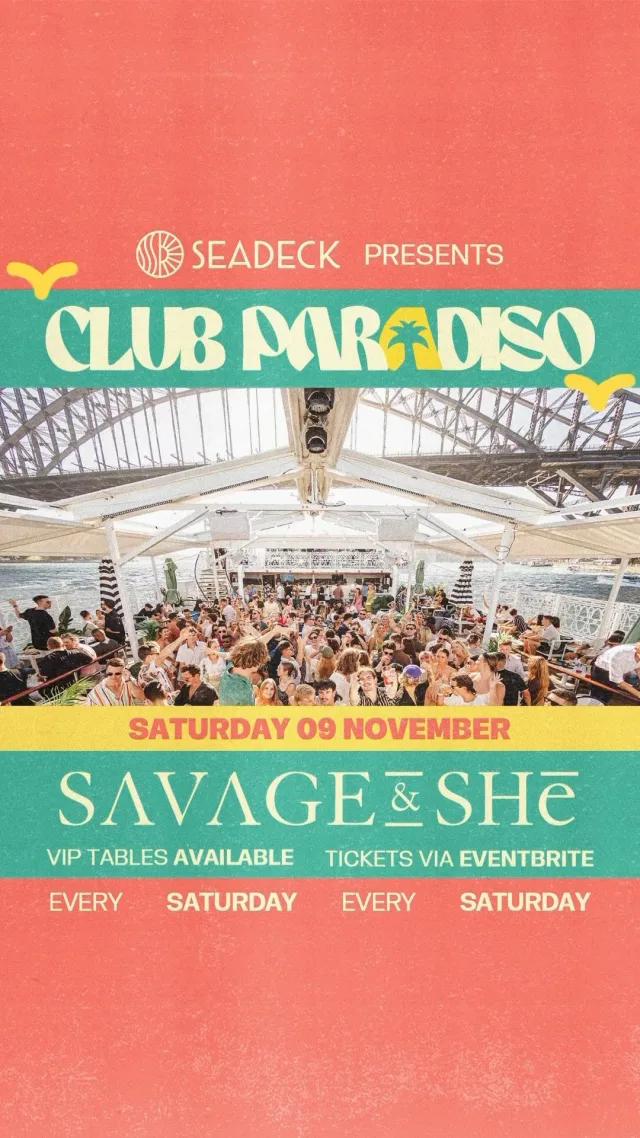 SEADECK is thrilled to announce the multi-talented Savage & SHē will be headlining Club Paradiso, November 9th 🚢🌴💛

Join us for an afternoon of Afro House, Melodic Techno & Deep House that will elevate your soul, get your head bopping and your feet dancing! 💃🏼🎶

Known for deep, infectious dance grooves and feel good atmosphere, the Savage & SHē hybrid experience is one you don’t want to miss.

TICKETS ON SALE NOW! 🎟️