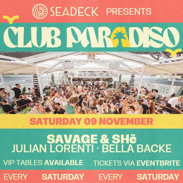 Celebrate one month of Club Paradiso this Saturday with headliners Savage & SHē on SEADECK ⛴️🌴💛

🎧 @savageandshe @julianlorenti @bellabackedj 

🍾 Elevate your experience with VIP bottle service 
🎫 Limited tickets via Eventbrite
🎂 Group packages available